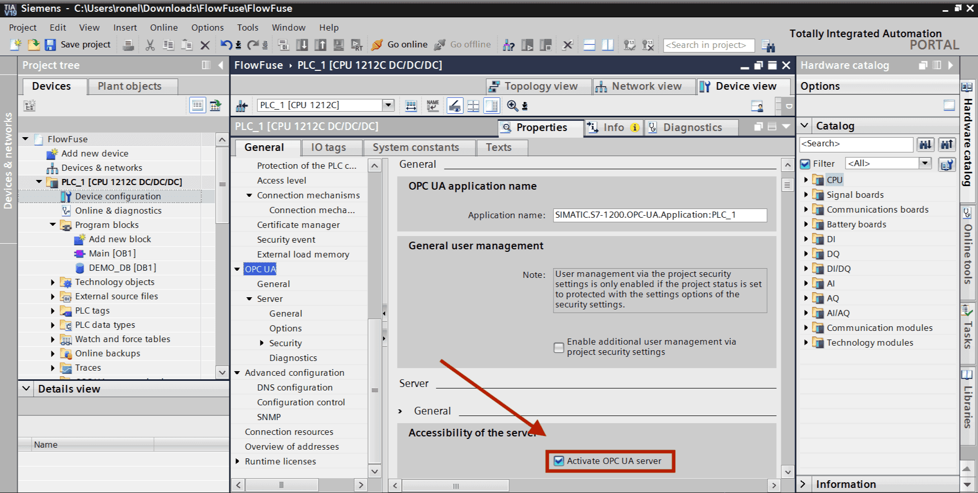 Activate OPC UA server option in TIA Portal