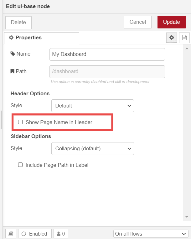 Screenshot showing the 'Show page name in the header bar' option in the dashboard settings "Screenshot showing the 'Show page name in the header bar' option in the dashboard settings"